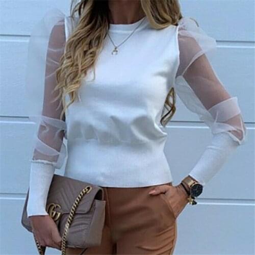 Sexy O Neck Women Blouse Shirts Lace Puff Sleeve Blouse Summer Spring Autumn Lady Shirt Top Female Office Knitted Blouse Tops