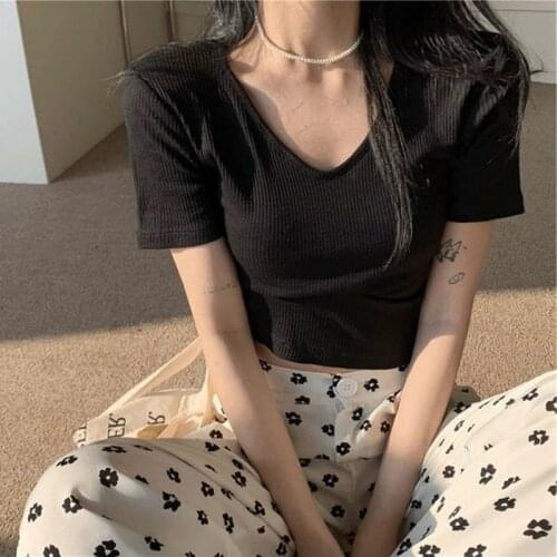 Short top womens summer thin V-neck tight and versatile short sleeve T-shirt white open navel bottomed shirt top sexy