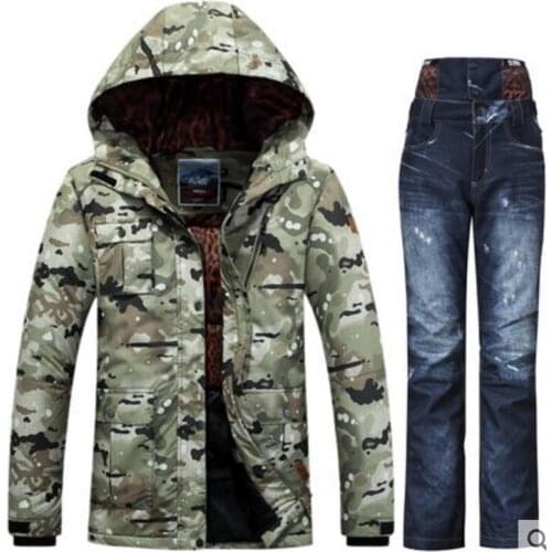 Womens Ski Snow Suit Female Camo Skateboarding Jacket With Blue Salopettes Pants Set Waterproof Skiwear Walking Costume