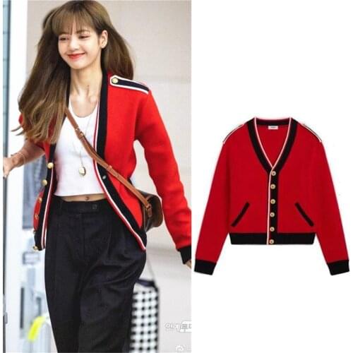 Kpop Korean Celebrity red knitted large pocket V-Neck hoodies women Streetwear Fashion Loose Harajuku sweatshirts female coat