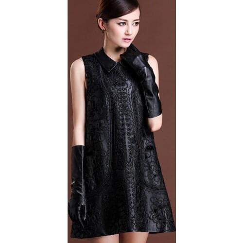 Streetwear Embroidered Genuine Leather Dress Women Fashion Loose Sheepskin A-Line Sleeveless Dress Luxury Party Black Dresses