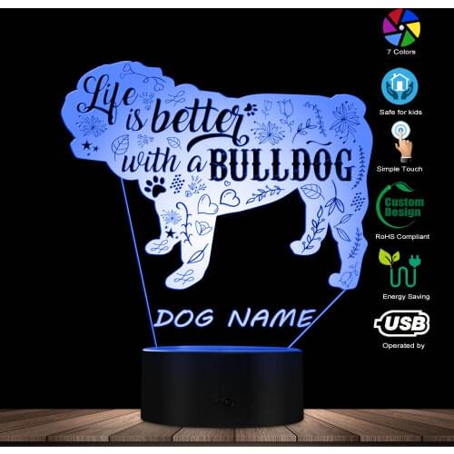Life is Better with a Bulldog Kid Room Sleepy Night Light With Custom Dog Name Funny Dog Quote Lighting Art Bulldog Owener Gift