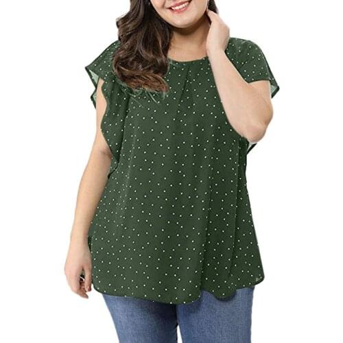 40# Plus Size Ruffle Blouse Womens Summer Sleeve Polka Dot Chiffon O-neck Soild Color Blouse Loose Oversize Top Рубашка Женская