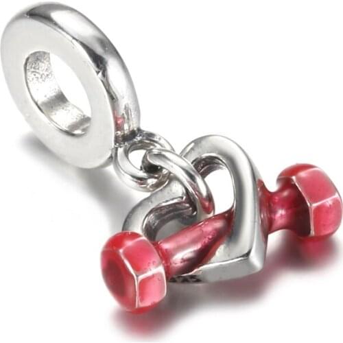 Authentic S925 Silver Bead Heart with Dumbbell Pendant Dangle Charm for Women Bracelet Bangle DIY Jewelry