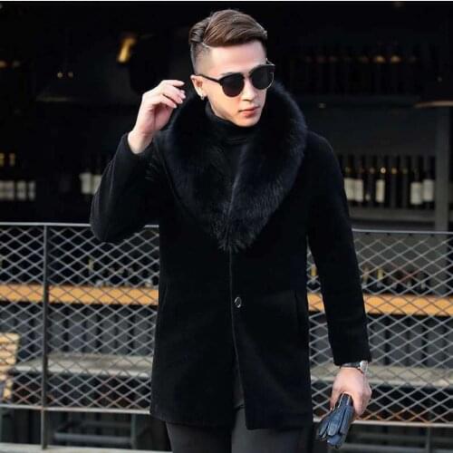 AYUNSUE 2020 Real Fur Coat Men Winter Sheep Shearing Wool Fur Jacket Korean Fox Fur Collar High Quality Fur Coats 801 KJ3714