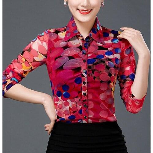 Spring Fall Fashion Office Lady Women Printed Dot Pattern Slim Stretch Green Slim Blouse , 4XL Woman Long Sleeve Shirt Blouses