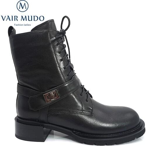 VAIR MUDO New Ankle Boots Shoes Motorcycle Boot Patent Leather Lace Up Thick Heels Wool Short Plush Round Toe Solid Shoes DX53