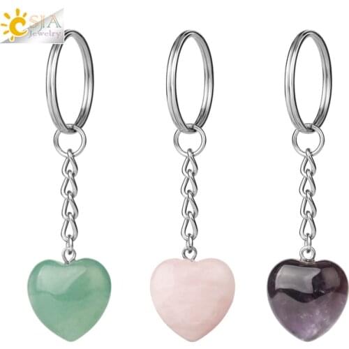 CSJA Heart Keychain Accessories Natural Stone Cute Door Car Keychains for Girls Couple DIY Motorcycle Key Chain Ring Holder G686