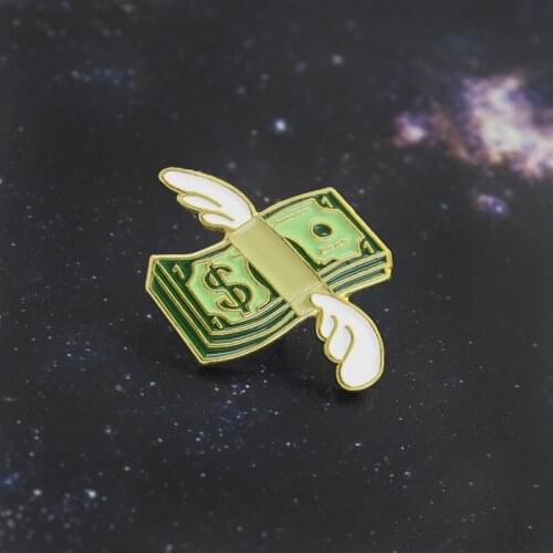 Flying Cash Brooch Stacking Cash Doll Bundle Angel Wings Enamel Lapel Pins Shirt Coat Backpack Badge Friends Gifts