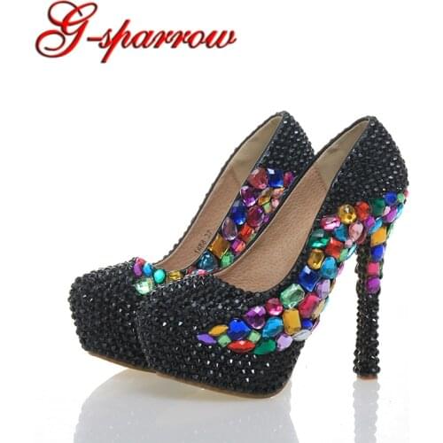 Black Rhinestone Wedding Party Shoes Round Toe Stiletto Heel Cinderella Prom Crystal Nightclub Shoes Handmade Bridal Dress Pumps