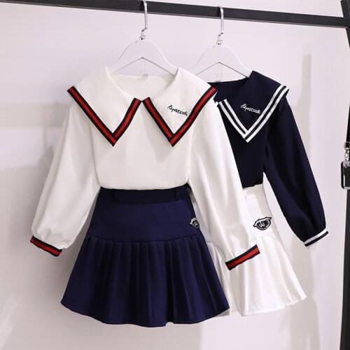 Preppy Style Baby Girls Clothes for Kids Suits Cute Cotton Long Sleeve Blouses Pleated Skirts 2 Pieces Children Clothing Vestido