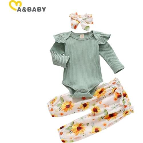 Ma&Baby 0-24M Flower Newborn Infant Baby Girls Clothes Set Autumn Spring Knitted Romper Floral Bow Pants Outfits
