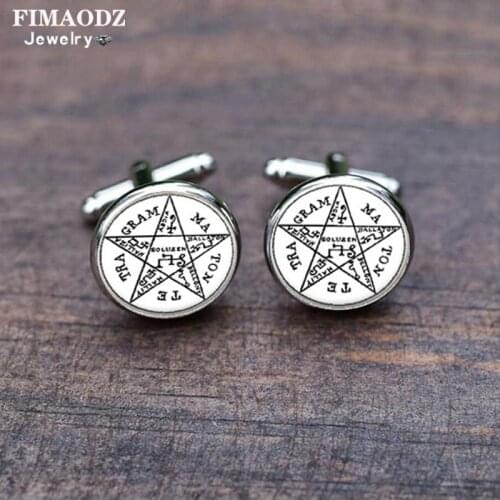 FIMAODZ Pentagram Pentacle Cufflinks for Mens Wicca Totem Galss Gem High Quality Cuff Links Buttons