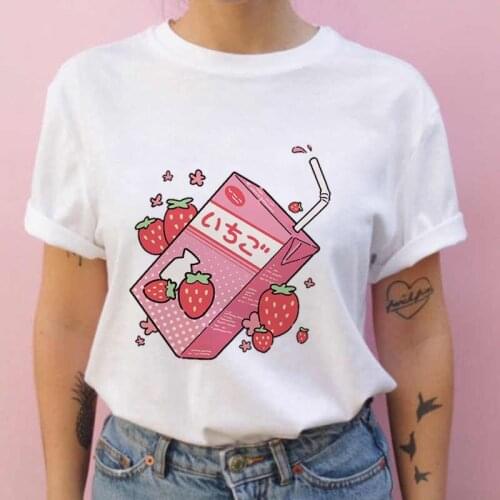 Japanese Strawberry Juice Drink Print T-shirt Women 2021 New Summer Fashion Tshirt Harajuku Aesthetic White Tops Female T Shirt