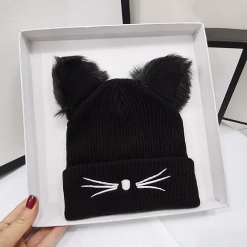 HT538 Lovely Warm Winter Casual Skullies Beanies Hat Hot Fashion Design Wool Cap Hat Gray White Cute Cat Ears Knitted Hat