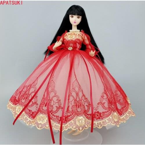 Red Golden Handmade Dress For Barbie Doll Outfits Clothes 1/6 Dolls Accessories Puff Sleeve Bowknot Princess Party Gown Kid Toy