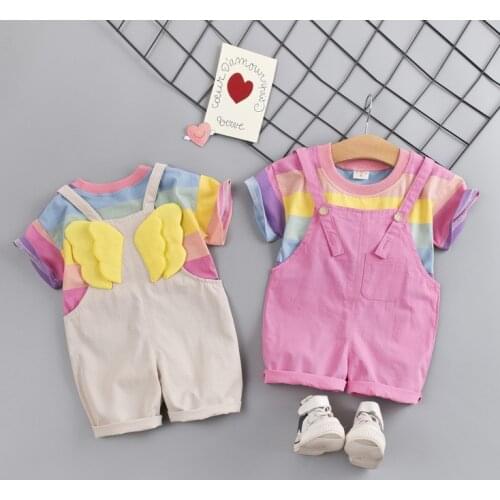 Summer Brand Girls Cartoon Wing T Shirts+Overalls 2pcs Suits Kids Clothes Baby Girls Sets Cotton Cute T Shirts Toddler Shorts