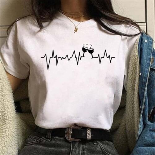 Maycaur New Wine Heartbeat Women T Shirt Funny Casual Harajuku 90s Kawaii Short Sleeves Tops Tee Female T Shirt Women Clothes