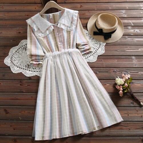 New autumn fashion colorful sweet plaid dress mori girl peter pan collar long sleeve cute kawaii women mesh dress