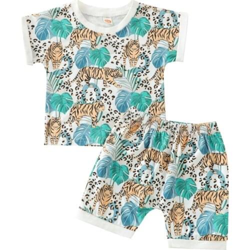 0-3Y Fashion Kids Boys Summer Clothes Sets 2pcs Cartoon Animal Print Short Sleeve T-shirts Tops+Shorts Holiday Beach Outfits