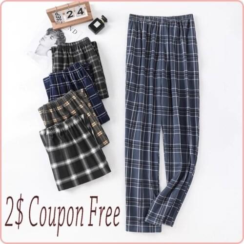 Boy Man Sleep Bottoms L-5XL Plaid Pajama Long Pants Trousers Oblique Pocket Jammies Relax Feet Elastic Waist Pyjamas 6535 Cotton