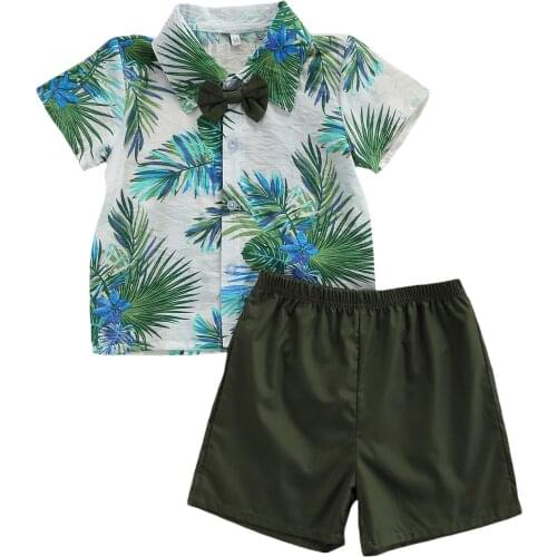 Boys Casual 2Pcs Clothes Set Leaves Printed Pattern Short Sleeve Turn-down Collar Tops and Solid Color Shorts