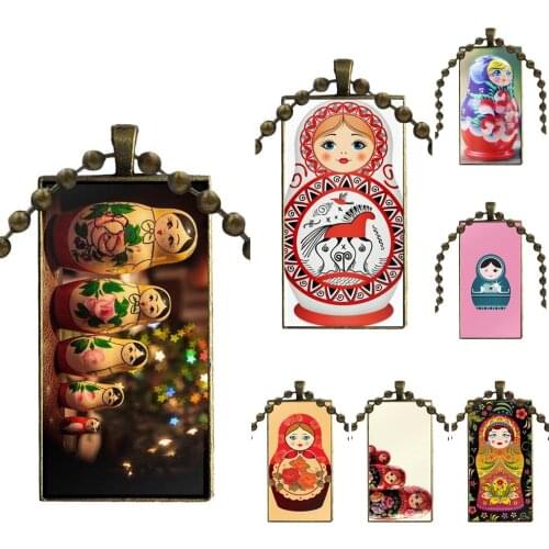 Russian Doll Matryoshka For Women Handmade Girls Glass Cabochon Jewelry Bronze Color With Long Pendant Choker Rectangle Necklace