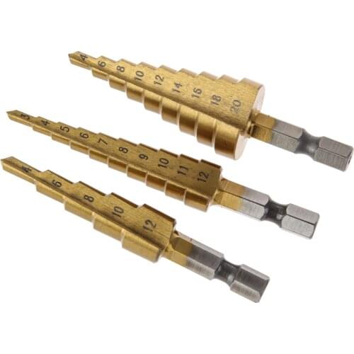 3pcs Hss Steel Titanium Step Drill Bits 4-12mm 4-20mm 3-12mm Step Cone Cutting Tools Steel Woodworking Wood Metal Drilling Set