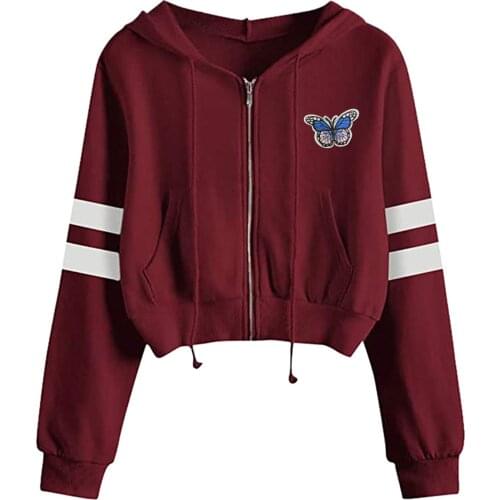 Zip Up Hoodie Girls Students Butterfly Embroidery Blouse Streetwear Long Sleeve Short Sweatshirt Korean Style Drawstring Sweater