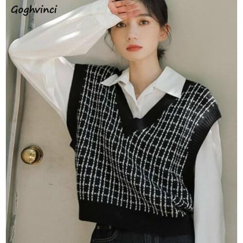 Sweaters Vest Women Spring Autumn Plaid Preppy Style Vintage V-neck Fashion Elegant Ladies Streetwear Leisure Loose Classical