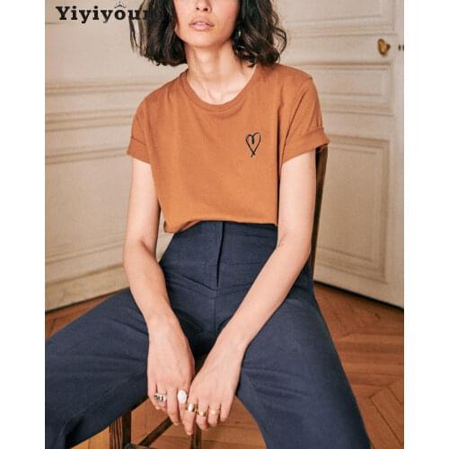 Yiyiyouni Casual Heart Embroidery Tee-shirts Women Summer Short Sleeve Cotton T-shirt Women Basic White O-neck Korean Tops 2021