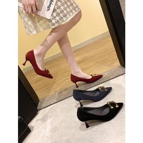 Womens shoes pointed toe stiletto heel spring 2021 new fashion metal buckle pumps