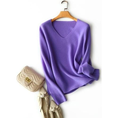 2020 autumn winter new arrival 100% cashmere v neck sweater women fashion drop shoulder long sleeve pullovers female