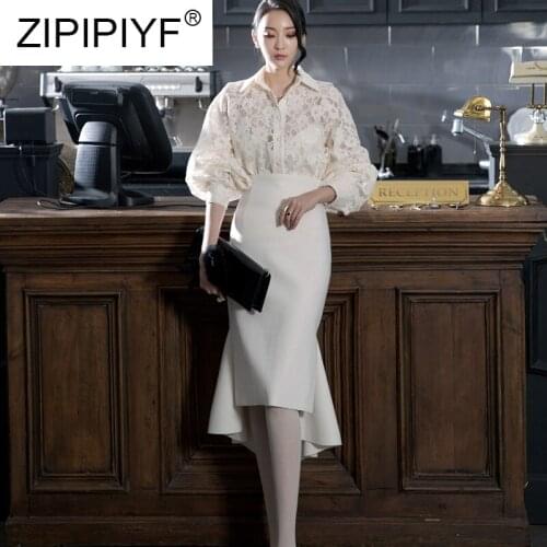 Quality Single Breasted Lace Shirt Female Hollow-out Puff Sleeves Fashion Blouse + Asymmetric Skirt Grade Elegant OL Suit C1739