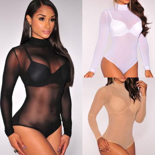 Women Sexy Mesh Sheer Bodysuit Long Sleeve Bandage Solid Mesh Jumpsuit Romper Leotard Top