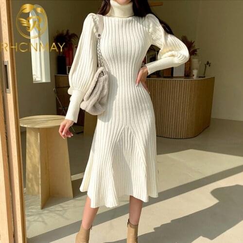 2020 Korea Knitted Dress Women Autumn Winter New Fashion Vintage Turtleneck Lantern Sleeve Sweater Dresses Mermaid Vestidos