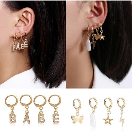 2020 New Fashion Crystal Butterfly Shape Artificial Pearl Pendant Earring For Women Earrings Letter'BABE' Lightning Star Jewelry