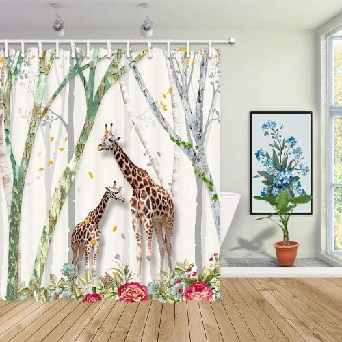 3D Giraffe Forest Tree Flowers Theme Wildlife African Jungle Animals Shower Curttain