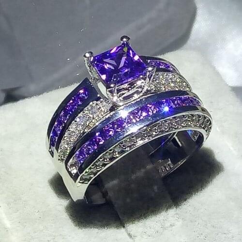 90% Big Promotion Brand New Luxury Jewelry 10KT White Gold Filled Princess Purple CZ Party Square Zirconia Wedding Ring Set Gift