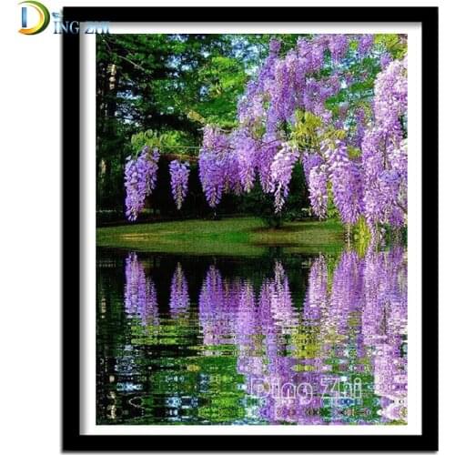 Diamond Painting 5D Purple Flower Diamond Embroidery Lake Reflection Spring Art Full Square Round Drill Diamond Mosaic Decor