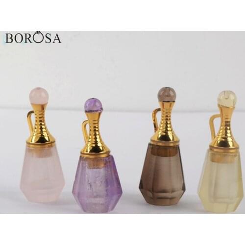 BOROSA Design 3Pcs Gold Natural Gems Stones Essential Oil Diffuser Perfume Bottle Pendant Amethysts Charm for Necklace WX1223