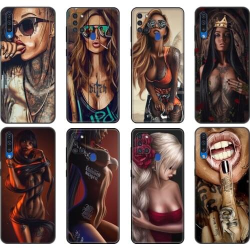 Black tpu Case For Samsung Galaxy A50 50S A30S A10 A01 A11 A21S A31 A41 A51 A71 M21 M30S S10 LITE Cover Sexy Sleeve Tattoo Girl