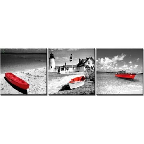 Black And White Beach Old Lighthouses Red Boats In Vintage Style Bristol Dot Scenery Paintings Modern Artwork Seascape
