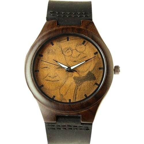 Custom Photo Words Wooden Watch for Men/Women Genuine Leather Quartz Wristwatches Special DIY Gift for Lover Clock Free Box