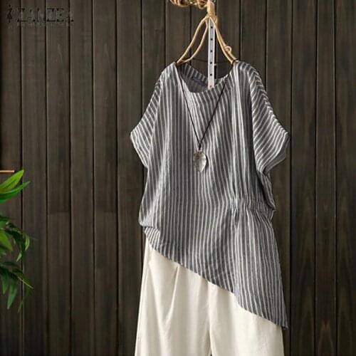 Elegant Striped Shirts Womens Summer Blouse 2021 ZANZEA Casual Asymmetrical Blsuas Female Elastic Waist Tops Plus Size Tunic
