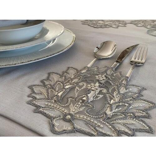 French lace handcrafted pansy violet 34 piece placemat set cream