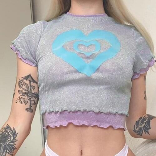 Street womens fake two pieces of love heart printed short section O-neck T-shirt
