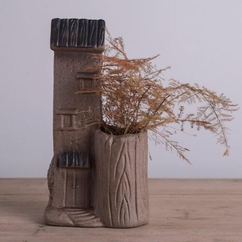 Chinese-Style Zen Ceramic Vase Creative Tulou House Small Ornaments Decoration Antique Flower Hand-Made Art