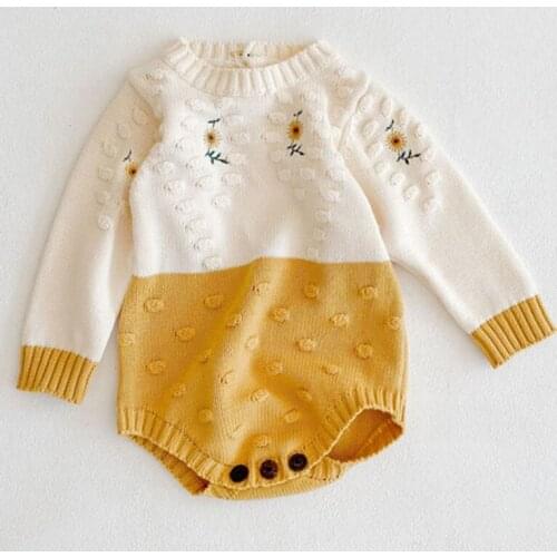 Winter Girls Romper Sweet Sunflower Embroidery Long Sleeve Romper for Newborn Baby Girls Sweater Clothes Toddler Bodysuit onesie