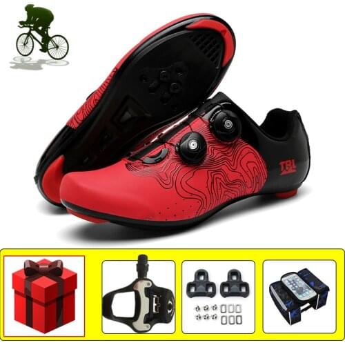 Riding Bicycle Sneakers Men Breathable Road Cycling Shoes Wear-resistant Self-locking Road Bike Footwear Add Pedals Falt Shoes